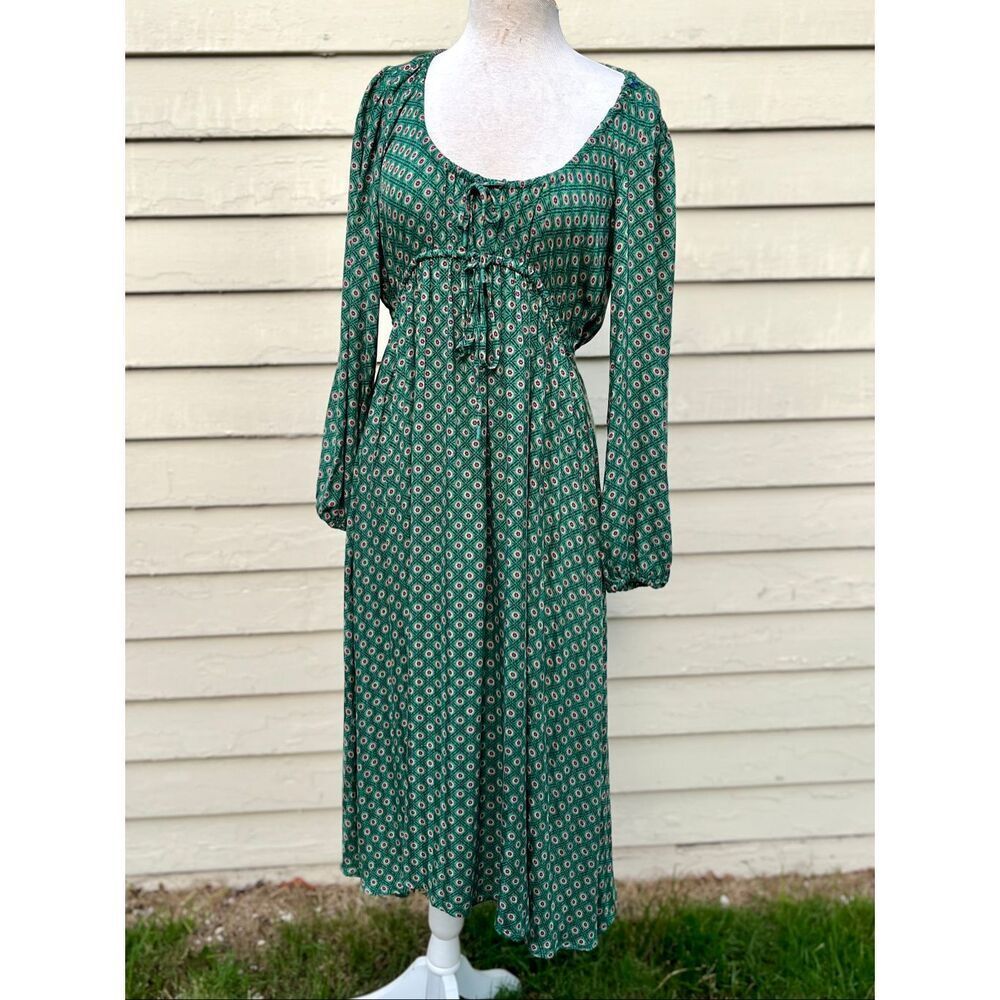 Anthropologie Adelaide Tie Front Midi Dress Green Boho Cottagecore Balloon Sleev - Picture 9 of 12